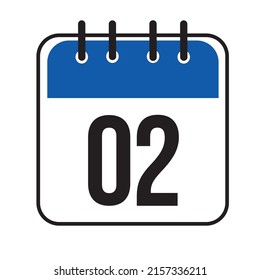 Calendar day 02. Number two on a white paper with blue border isolated on white background. Vector ilustration.