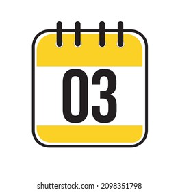 Calendar day 03. Number three on a white paper with yellow border on white background. Vector ilustration.