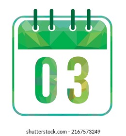 Calendar day 03. Number three on a white paper with modern green border. Isolated on white background. Vector illustration.