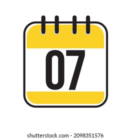Calendar day 07. Number seven on a white paper with yellow border on white background. Vector ilustration.