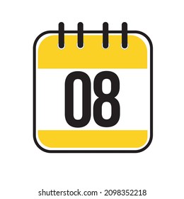 Calendar day 08. Number eight on a white paper with yellow border on white background. Vector ilustration.