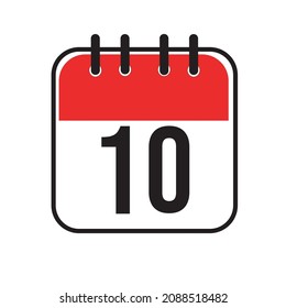 Calendar day 10. Number ten on a white paper with red border on white background. Vector ilustration.