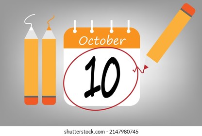 Calendar day 10 october orange. calendar page circled with various colored pencils white and red