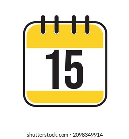 Calendar day 15. Number fifteen on a white paper with yellow border on white background. Vector ilustration.