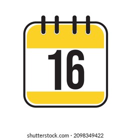 Calendar day 16. Number sixteen on a white paper with yellow border on white background. Vector ilustration.