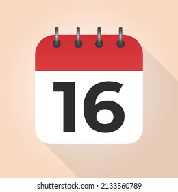 Calendar day 16. Number sixteen on a white paper with red border on beige background vector. 16th Day.