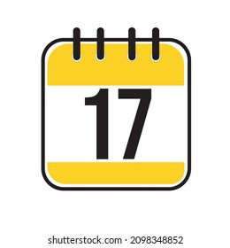 Calendar day 17. Number seventeen on a white paper with yellow border on white background. Vector ilustration.