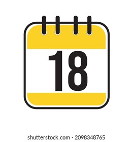 Calendar day 18. Number eighteen on a white paper with yellow border on white background. Vector ilustration.