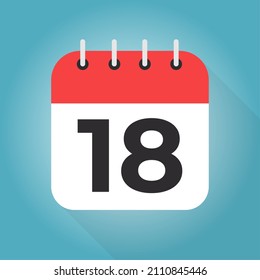 Calendar day 18. Number eighteen on a white paper with red border on blue background vector.