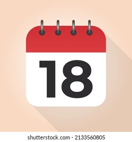 Calendar day 18. Number eighteen on a white paper with red border on beige background vector. 18th Day.