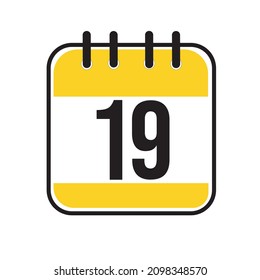 Calendar day 19. Number nineteen on a white paper with yellow border on white background. Vector ilustration.
