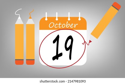 Calendar day 19 october orange. calendar page circled with various colored pencils white and red