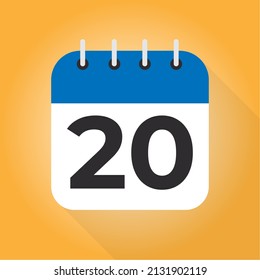 Calendar day 20. Number 20 on a white paper with blue border on orange background vector. 20th Day.