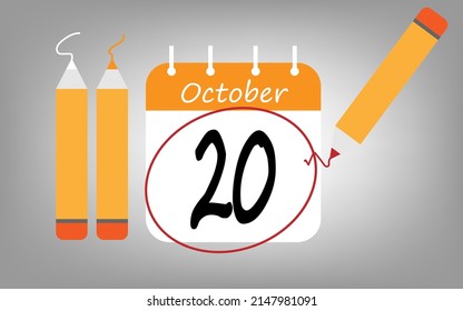 Calendar day 20 october orange. calendar page circled with various colored pencils white and red