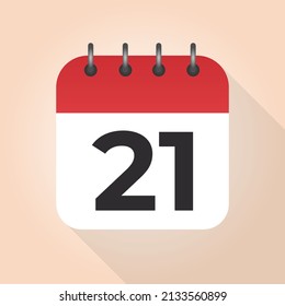 Calendar day 21. Number twenty one on a white paper with red border on beige background vector. 21th Day.