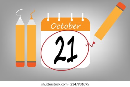 Calendar day 21 october orange. calendar page circled with various colored pencils white and red