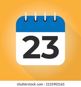 Calendar day 23. Number 23 on a white paper with blue border on orange background vector. 23th Day.