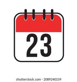 Calendar day 23. Number twenty three on a white paper with red border on white background. Vector ilustration.