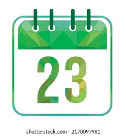 Calendar day 23. Number twenty three on a white paper with modern green border. Isolated on white background. Vector illustration.
