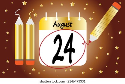 Calendar day 24 august golden. calendar page circled with various colored pencils white and red