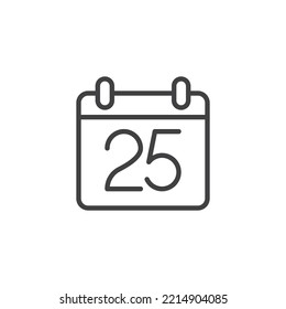 Calendar day 25 line icon. linear style sign for mobile concept and web design. Calendar date outline vector icon. Symbol, logo illustration. Vector graphics