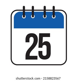 Calendar day 25. Number twenty five on a white paper with blue border isolated on white background. Vector ilustration.