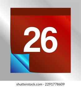 Calendar Day 26 icon with blue gradient foil effect. Modern design, red gradient. Folded calendar sheet. vector illustration