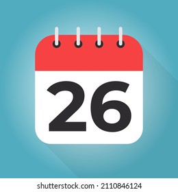 Calendar day 26. Number twenty-six on a white paper with red border on blue background vector.