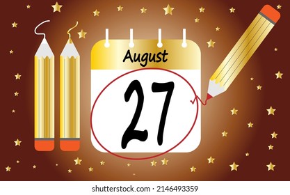 Calendar day 27 august golden. calendar page circled with various colored pencils white and red svg