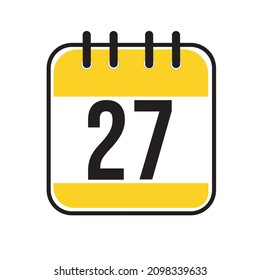 Calendar day 27. Number twenty seven on a white paper with yellow border on white background. Vector ilustration.