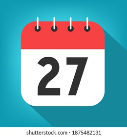 Calendar day 27. Number twenty-seven on a white paper with red border on blue background vector.