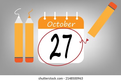 Calendar day 27 october orange. calendar page circled with various colored pencils white and red