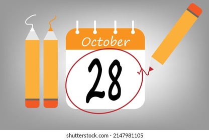 Calendar day 28 october orange. calendar page circled with various colored pencils white and red