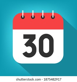 Calendar day 30. Number thirty on a white paper with red border on blue background vector.