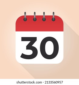Calendar day 30. Number thirty on a white paper with red border on beige background vector. 30th Day.