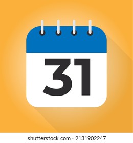 Calendar day 31. Number 31 on a white paper with blue border on orange background vector. 31th Day.