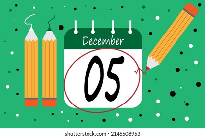 Calendar day 5 december green. calendar page circled with various colored pencils white and red