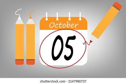 Calendar day 5 october orange. calendar page circled with various colored pencils white and red