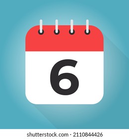 Calendar day 6. Number six on a white paper with red border on blue background vector.