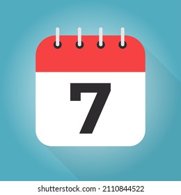 Calendar day 7. Number seven on a white paper with red border on blue background vector.