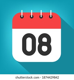 Calendar day 8. Number eight on a white paper with red border on blue background vector.