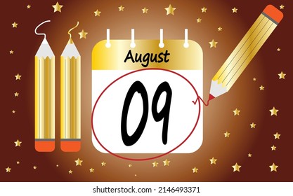 Calendar day 9 august golden. calendar page circled with various colored pencils white and red
