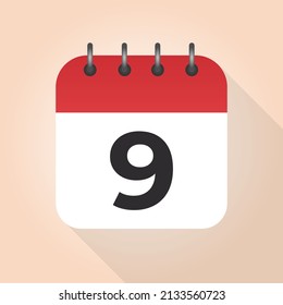 Calendar day 9. Number nine on a white paper with red border on beige background vector. 9th Day.