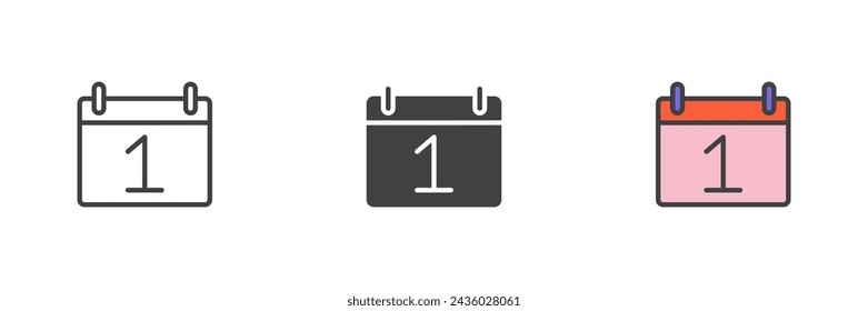Día del calendario primer conjunto de iconos de estilo diferente. Línea, glifo y contorno relleno versión colorida, contorno y signo de vector relleno. Símbolo de la fecha del calendario, ilustración del logotipo. Gráficos vectoriales