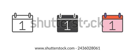 Calendar day first different style icon set. Line, glyph and filled outline colorful version, outline and filled vector sign. Calendar date symbol, logo illustration. Vector graphics