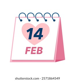 Calendar for Valentine’s Day in flat design on white background. 14 February.