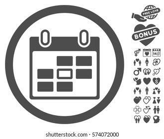 Calendar Day icon with bonus decoration pictograms. Vector illustration style is flat rounded iconic gray symbols on white background.