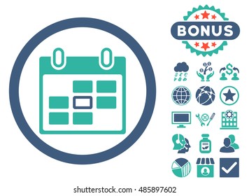 Calendar Day icon with bonus elements. Vector illustration style is flat iconic bicolor symbols, cobalt and cyan colors, white background.