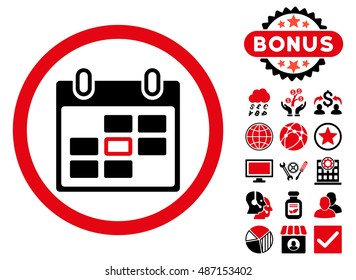 Calendar Day icon with bonus elements. Vector illustration style is flat iconic bicolor symbols, intensive red and black colors, white background.