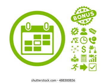 Calendar Day icon with bonus elements. Vector illustration style is flat iconic symbols, eco green color, white background.